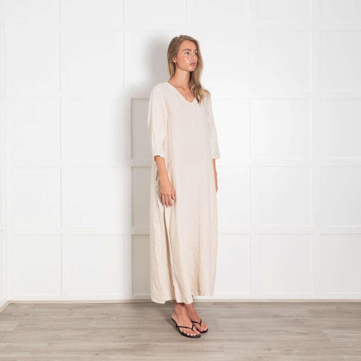 Elemente Clemente Neutral Linen Side Pocket Detail Maxi Dress