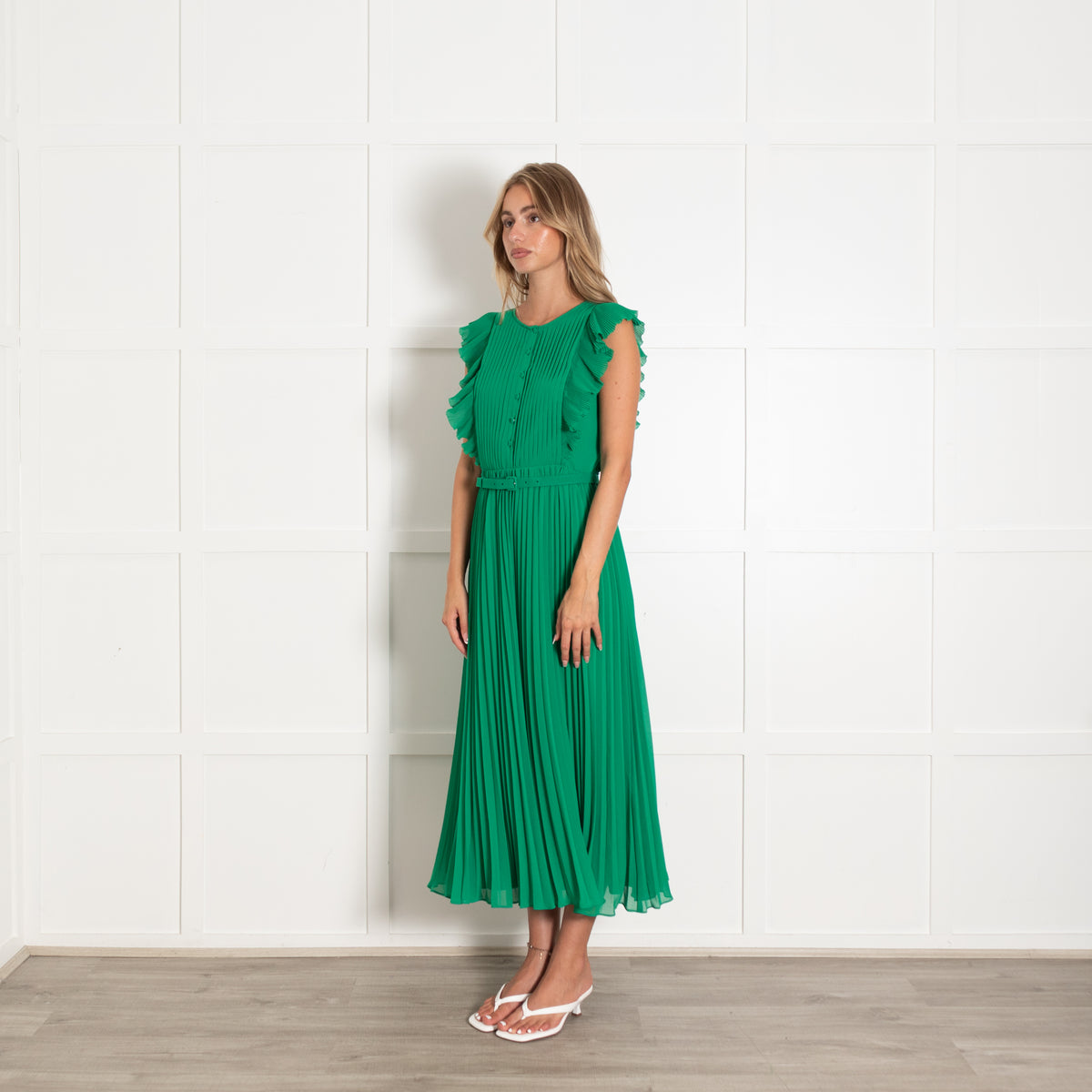 Self Portrait Green Pleated Frill Trim Maxi Dress