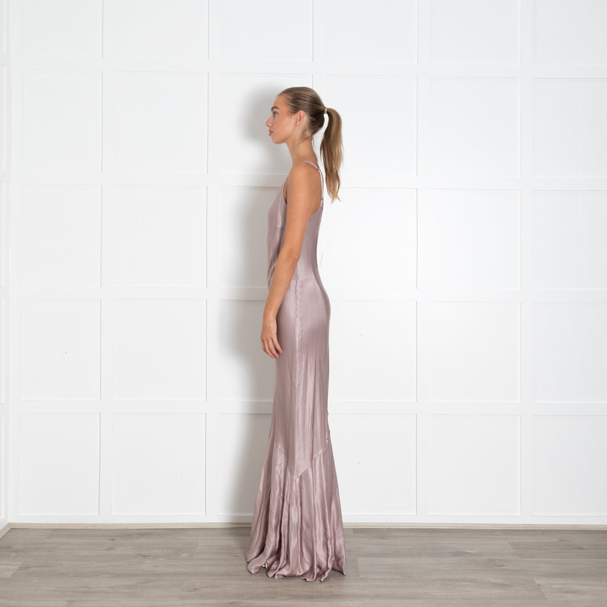 Ghost Taupe Satin Sleeveless Peplum Evening Dress