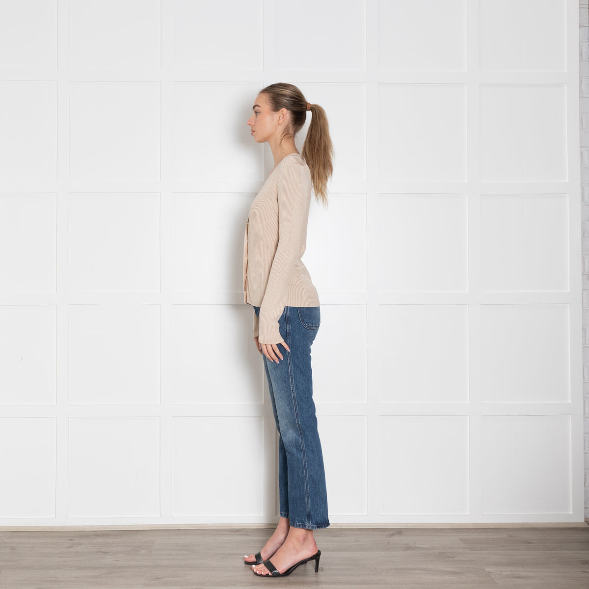 Me+Em Beige Gold Button Ribbed Cardigan