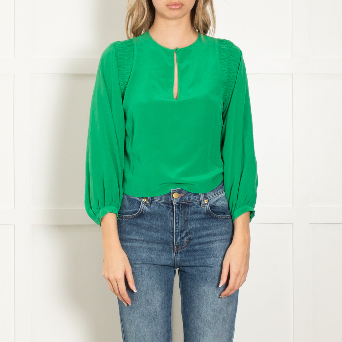 Joie Green Silk Ruched Side Detail Blouse