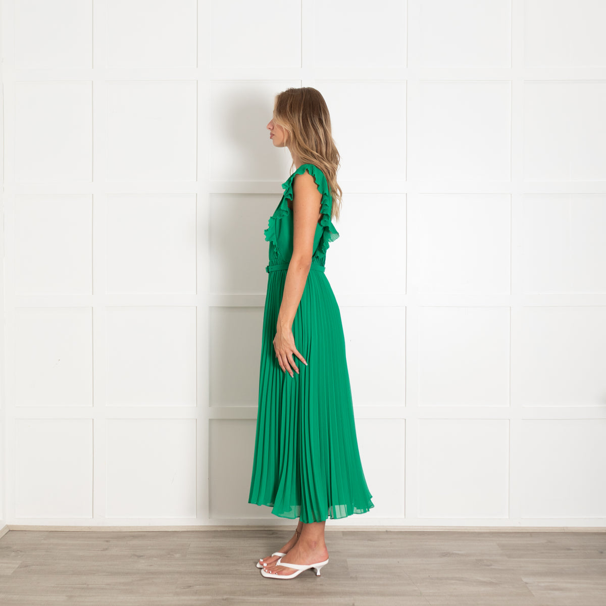 Self Portrait Green Pleated Frill Trim Maxi Dress