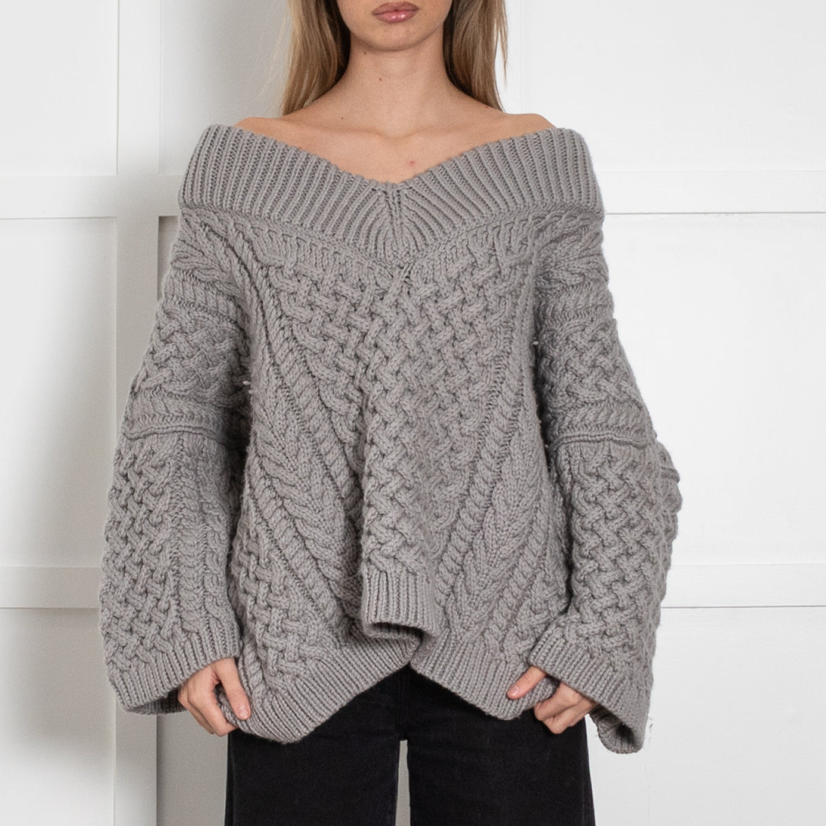 Mr Mittens Grey Honey V Neck Cable Knit Jumper