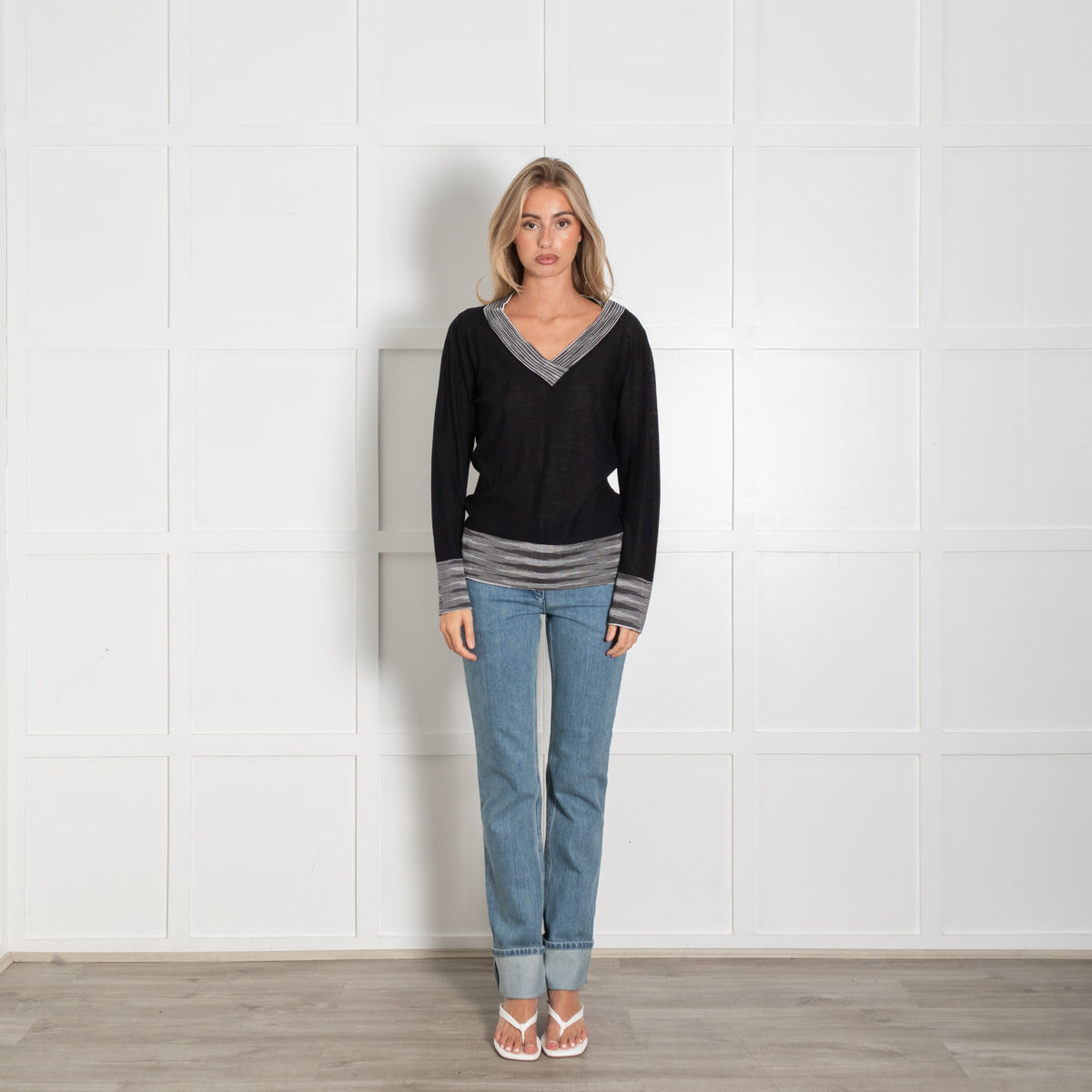 Missoni Sport Black White Trim Fine Knit V-Neck Sweater