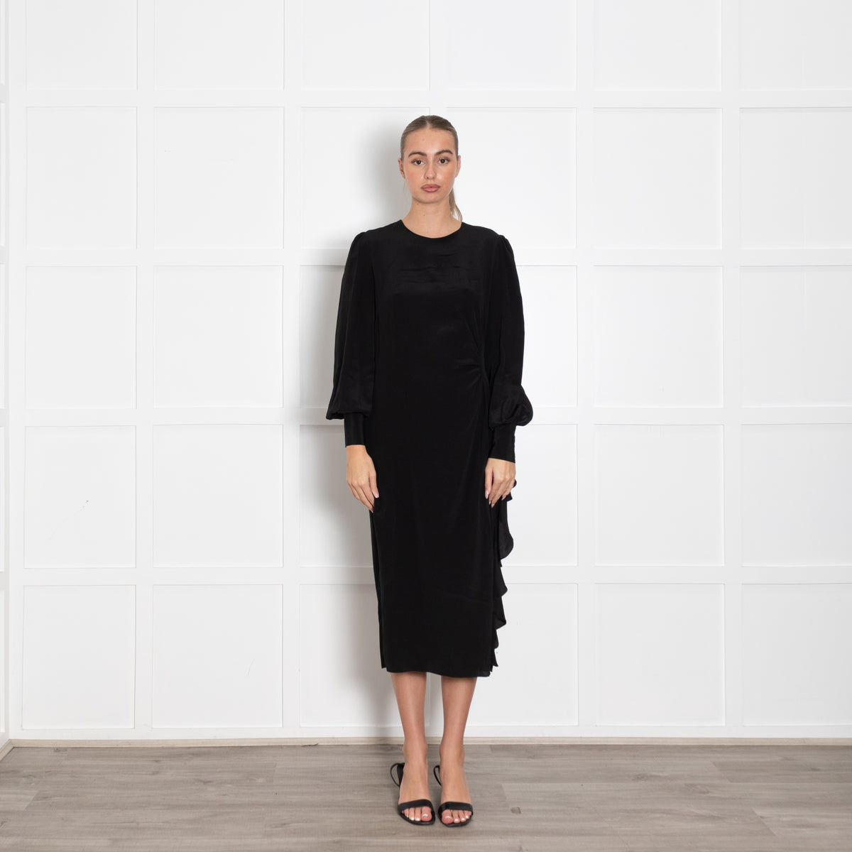 Zimmermann Black Long Sleeve Dress With Side Pleat Detail
