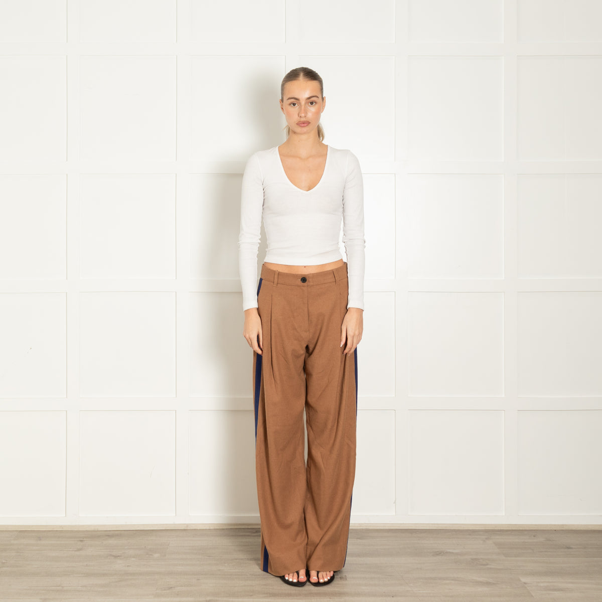 Me + Em Tan Trousers With Blue Side Stripe