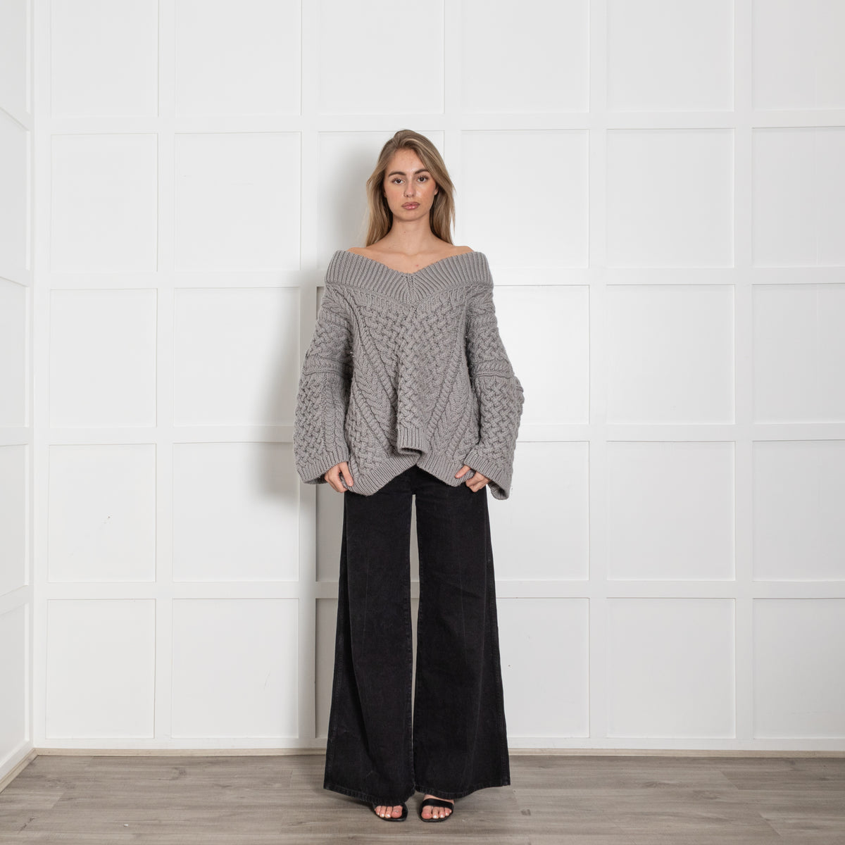 Mr Mittens Grey Honey V Neck Cable Knit Jumper