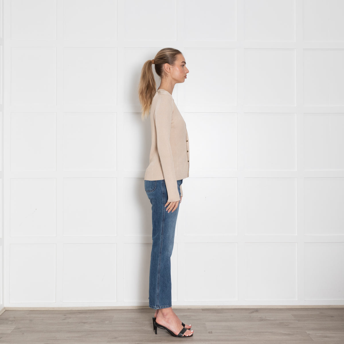 Me+Em Beige Gold Button Ribbed Cardigan