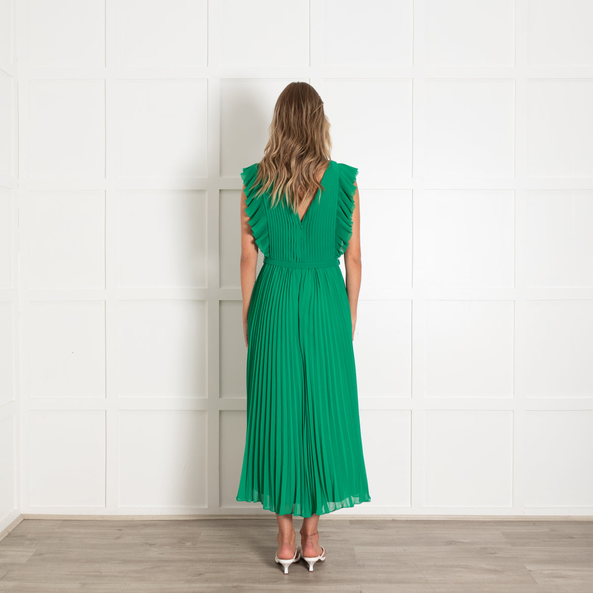 Self Portrait Green Pleated Frill Trim Maxi Dress
