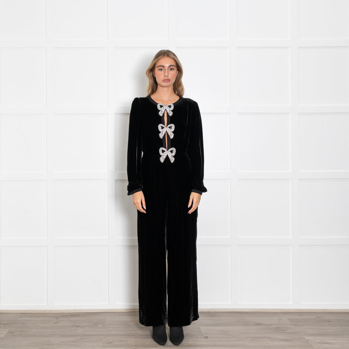 Saloni Camille Black Velvet Bow Embroidery Jumpsuit