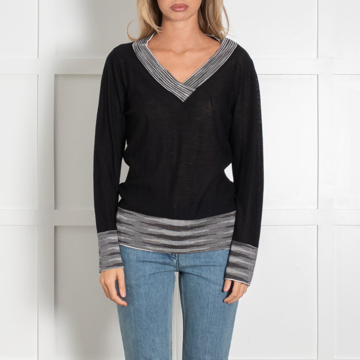 Missoni Sport Black White Trim Fine Knit V-Neck Sweater