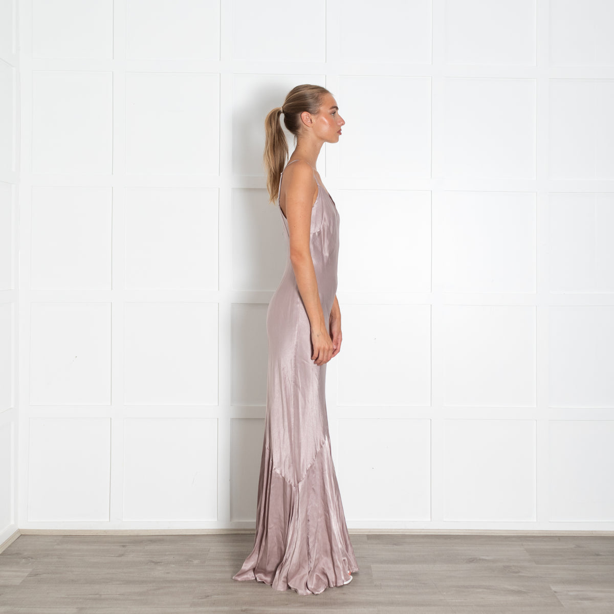 Ghost Taupe Satin Sleeveless Peplum Evening Dress