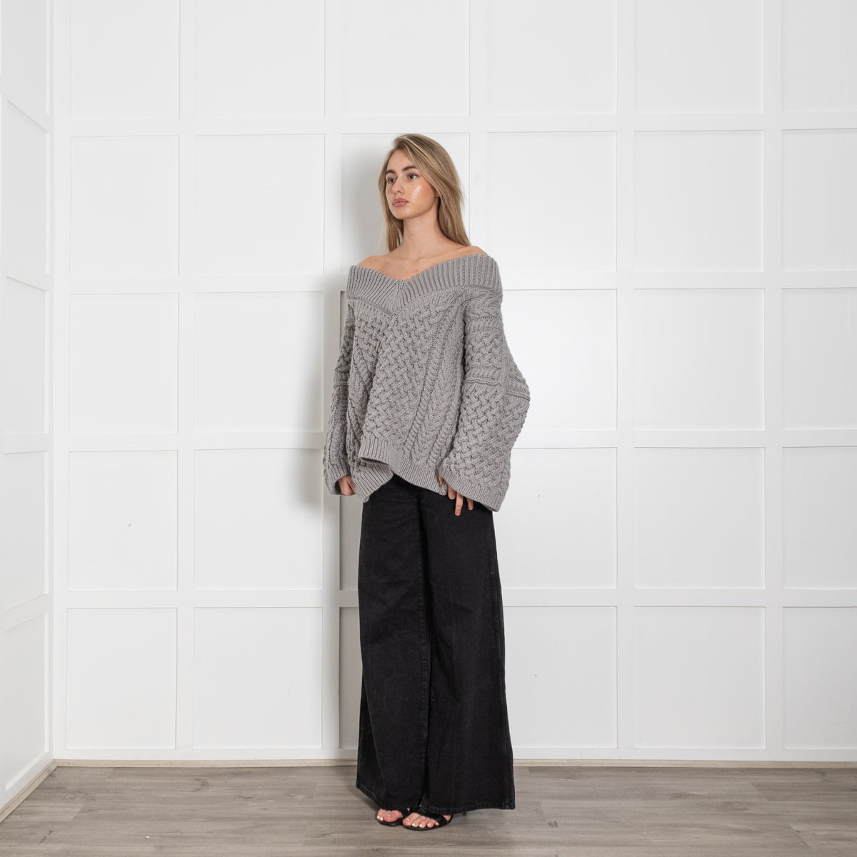 Mr Mittens Grey Honey V Neck Cable Knit Jumper