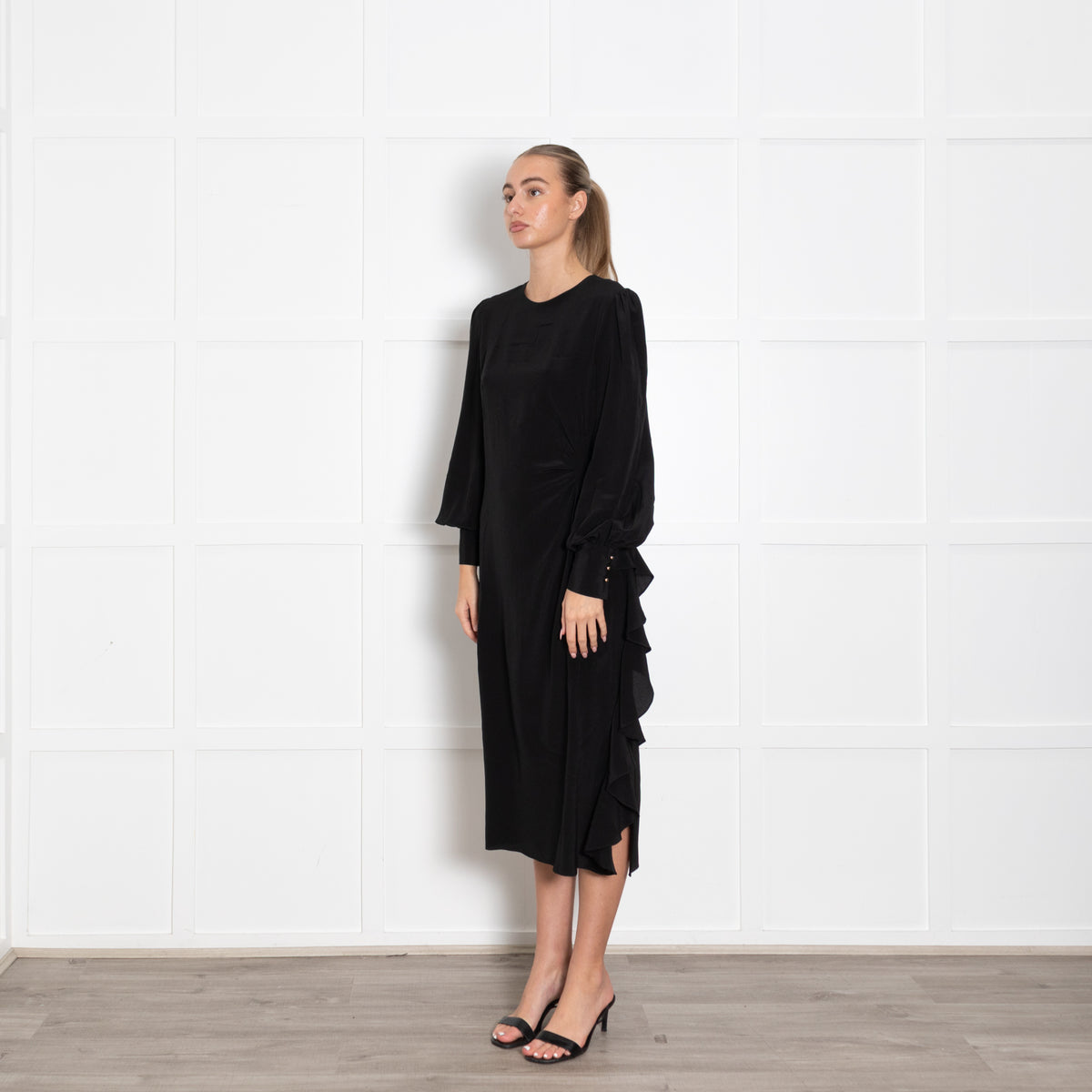 Zimmermann Black Long Sleeve Dress With Side Pleat Detail