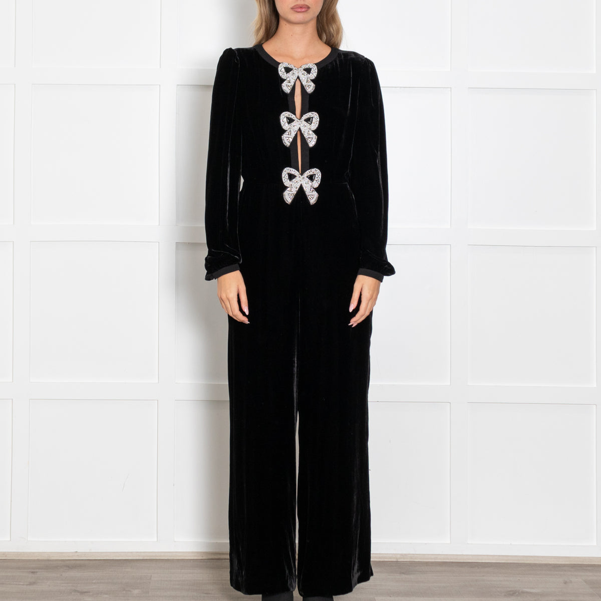 Saloni Camille Black Velvet Bow Embroidery Jumpsuit
