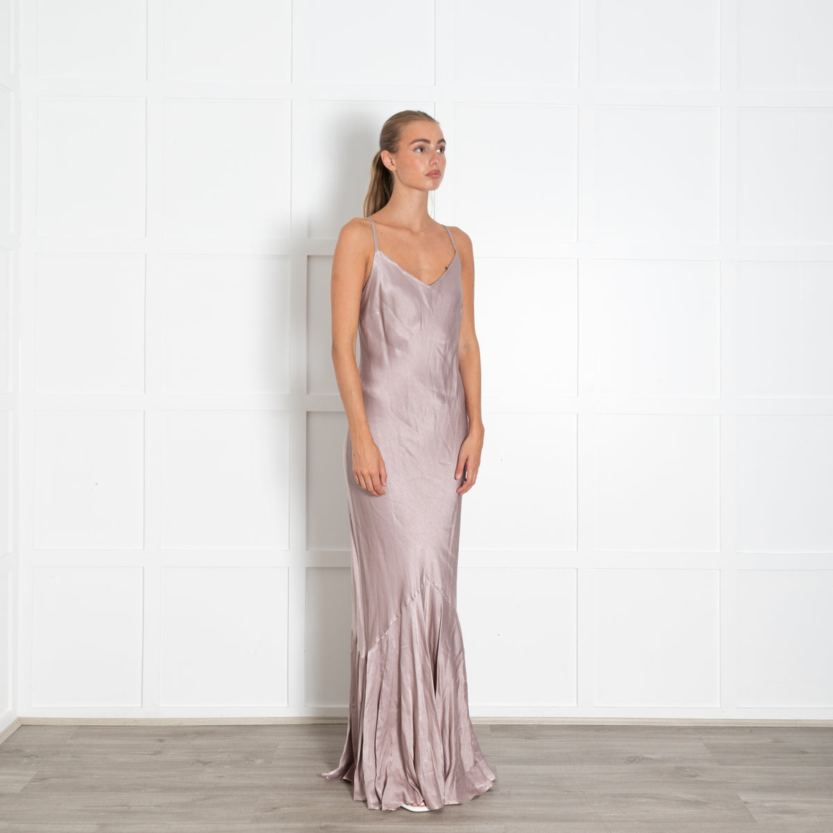 Ghost Taupe Satin Sleeveless Peplum Evening Dress