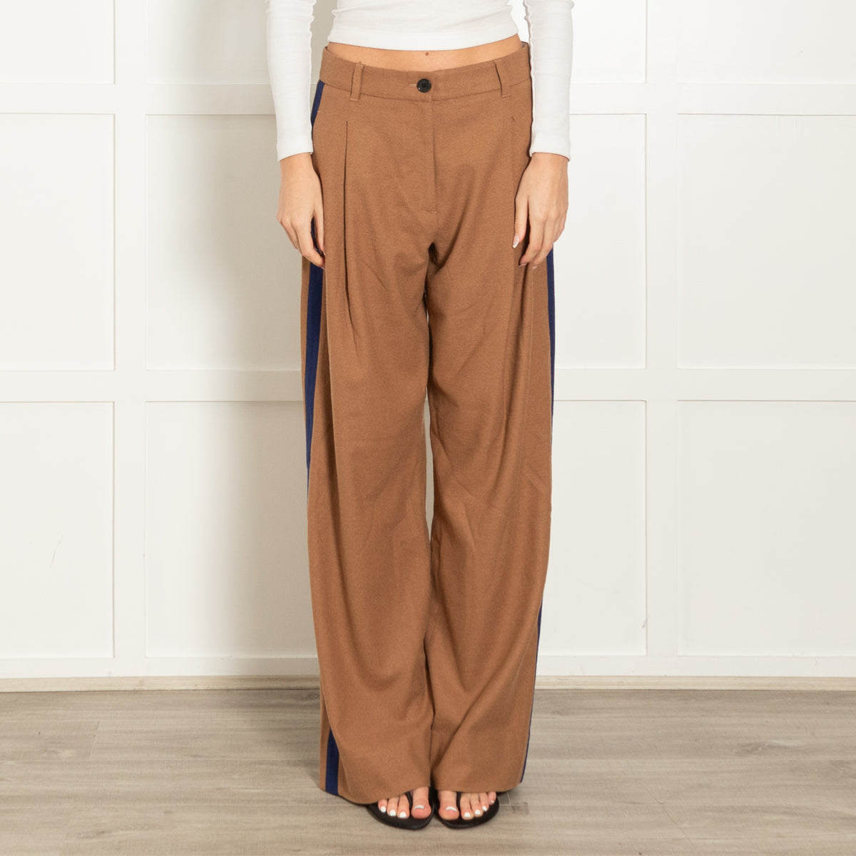 Me + Em Tan Trousers With Blue Side Stripe