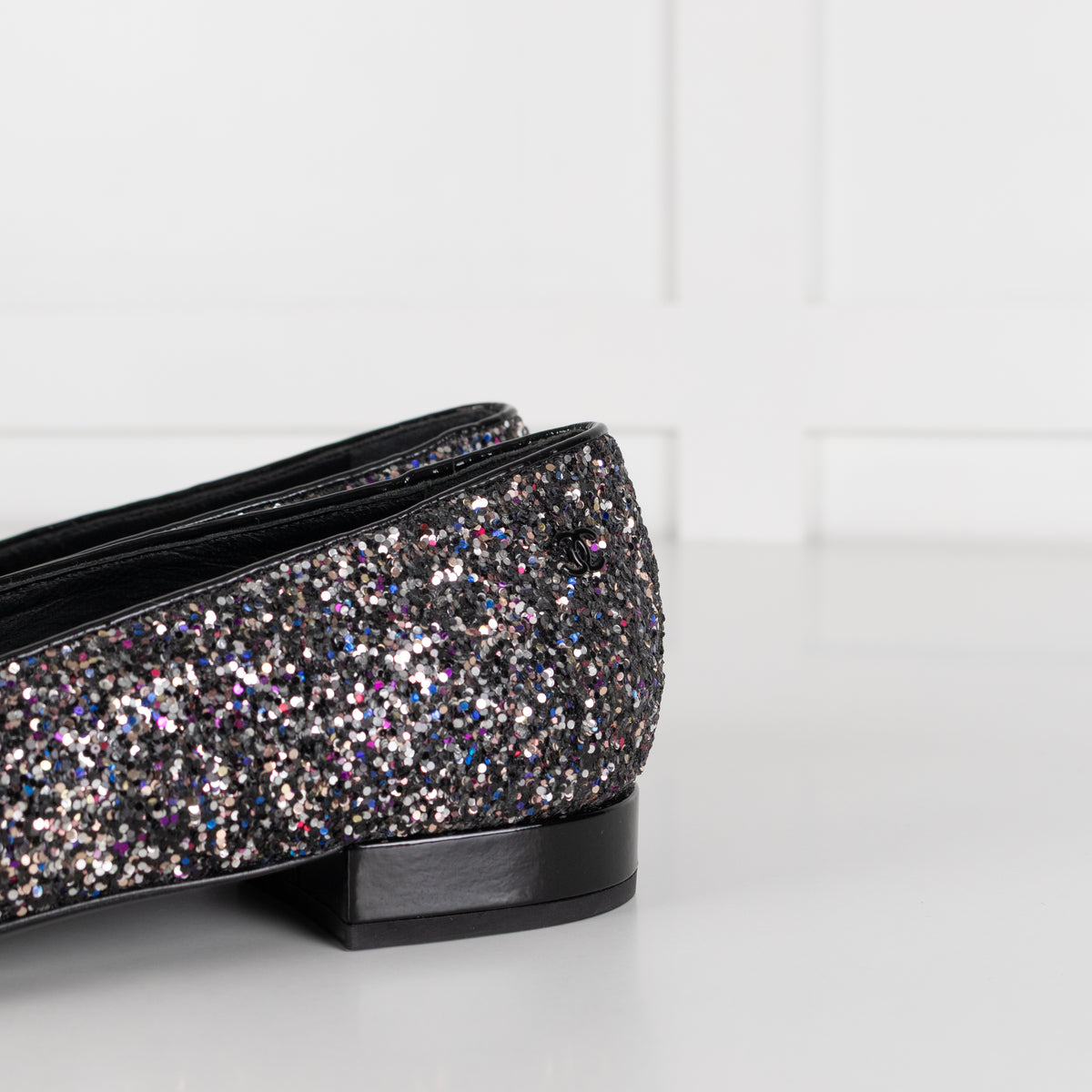 Chanel Black Glitter Cap Toe Loafers