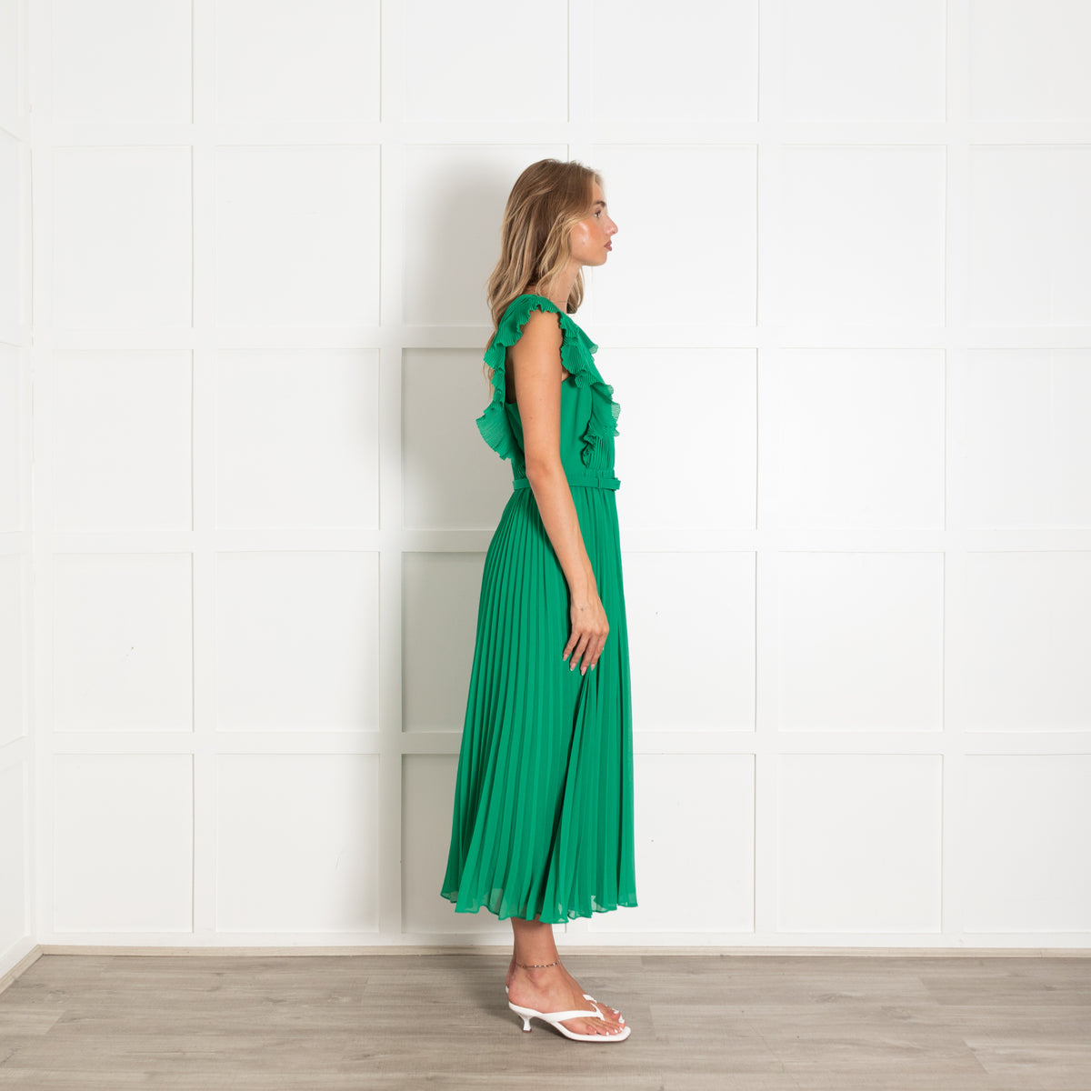 Self Portrait Green Pleated Frill Trim Maxi Dress