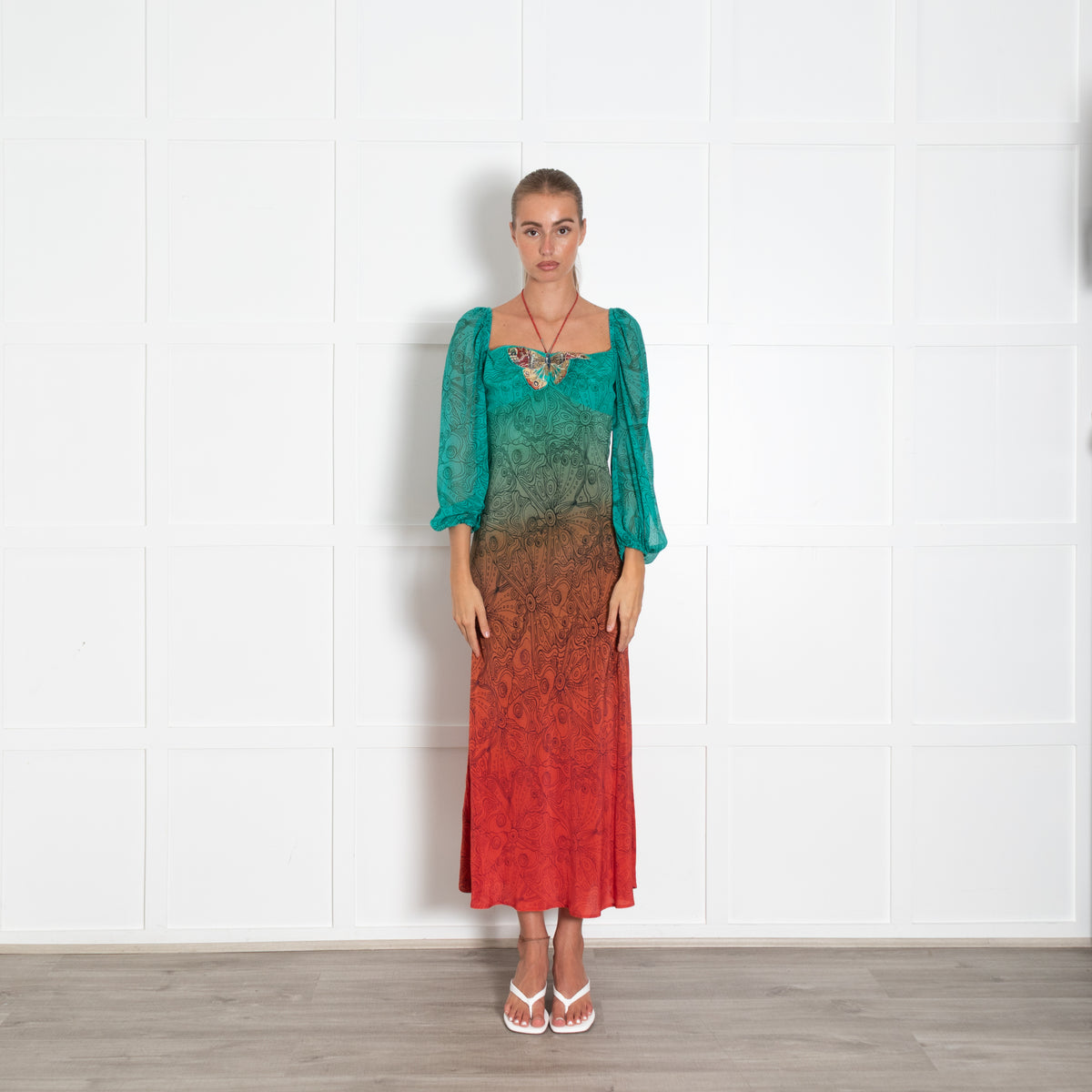 Rixo London Green Orange Butterfly Silk Midi Dress