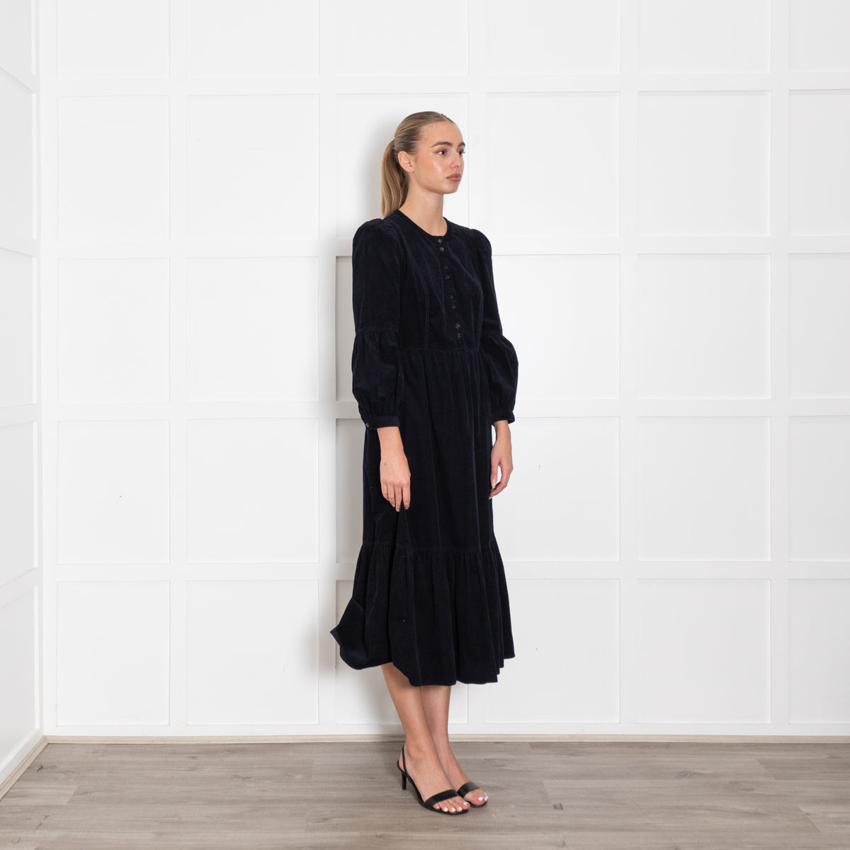 Cefinn Navy Blue Needle Cord Midi Dress