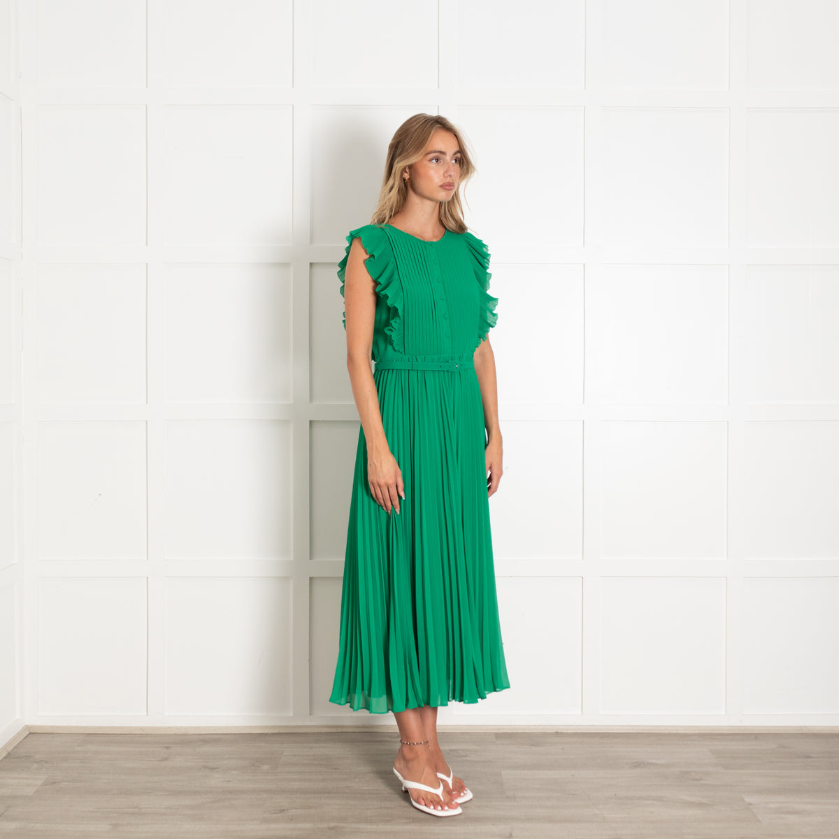 Self Portrait Green Pleated Frill Trim Maxi Dress
