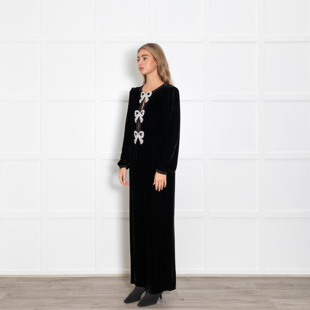 Saloni Camille Black Velvet Bow Embroidery Jumpsuit