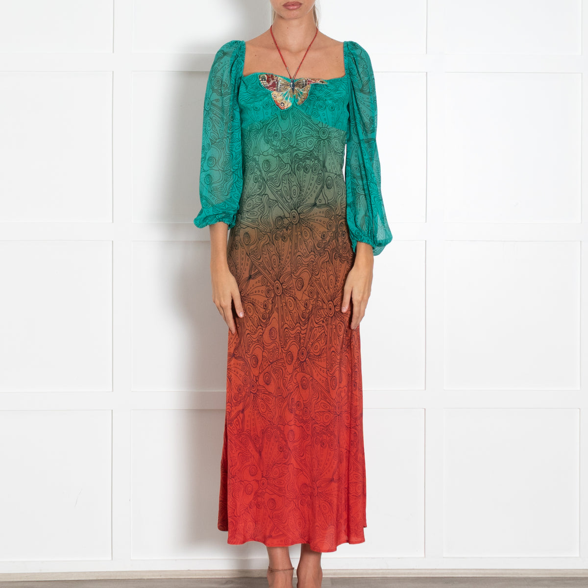 Rixo London Green Orange Butterfly Silk Midi Dress