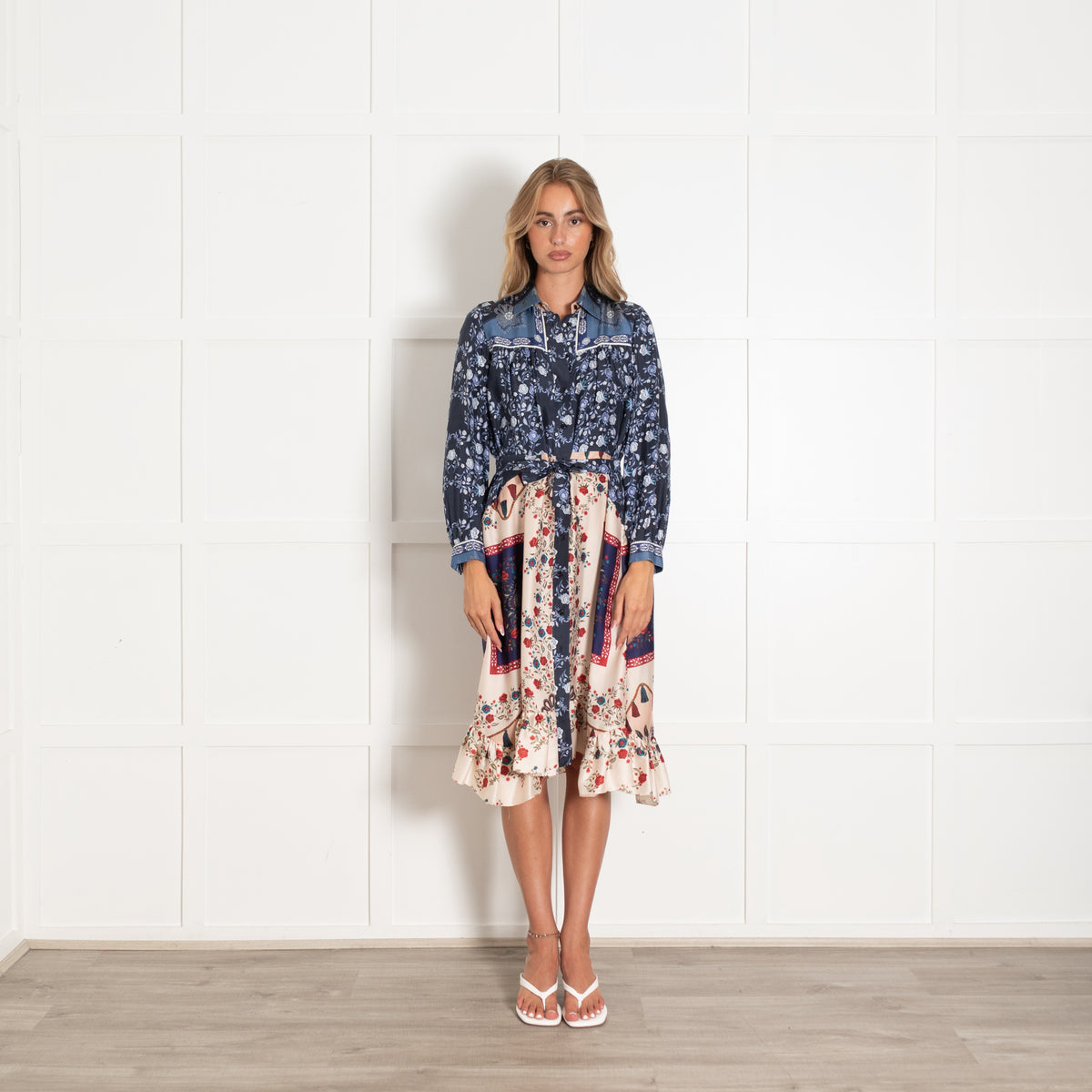 Sandro Navy Cream Red Floral Long Sleeve Belted Dress