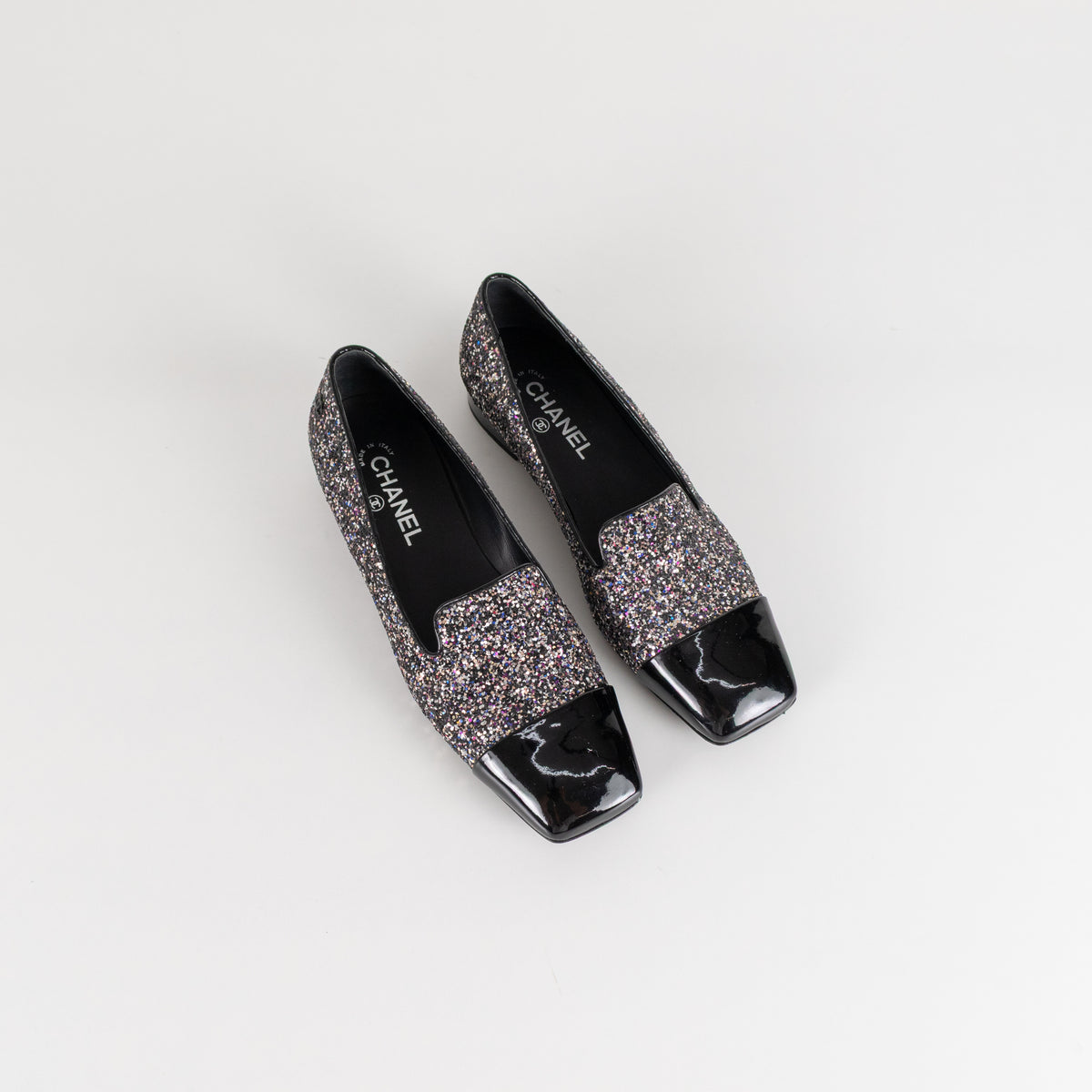 Chanel Black Glitter Cap Toe Loafers