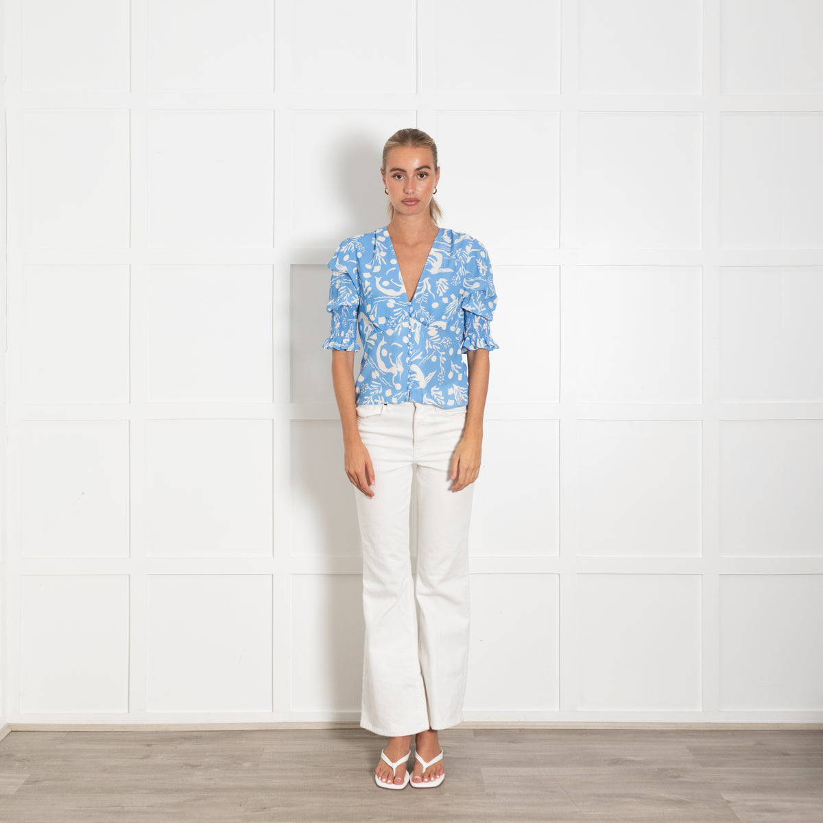Rixo Blue Cream Siren Print Short Sleeve Top