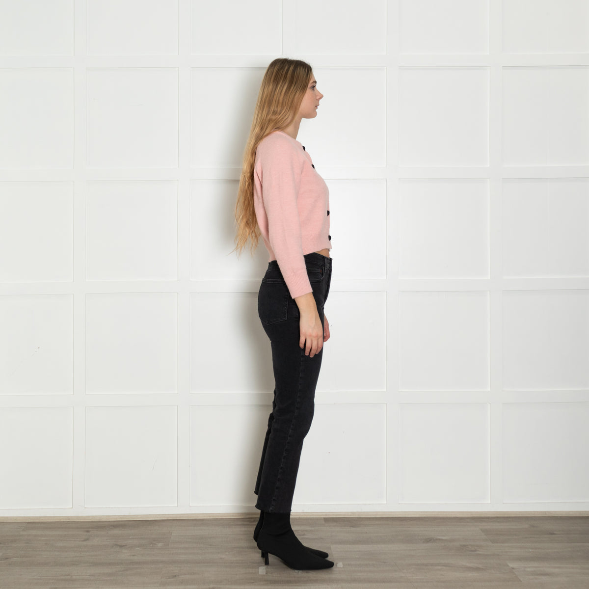 Sezane Pale Pink Black Velvet Heart Button Knitted Cardigan
