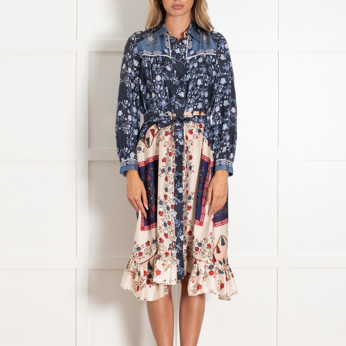 Sandro Navy Cream Red Floral Long Sleeve Belted Dress