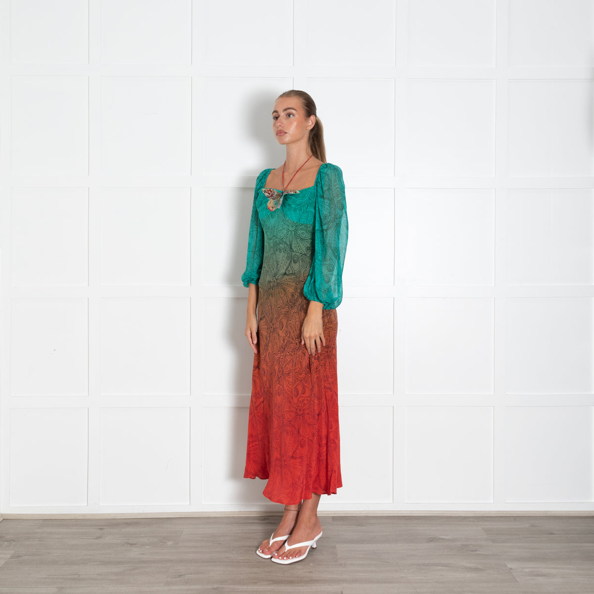 Rixo London Green Orange Butterfly Silk Midi Dress