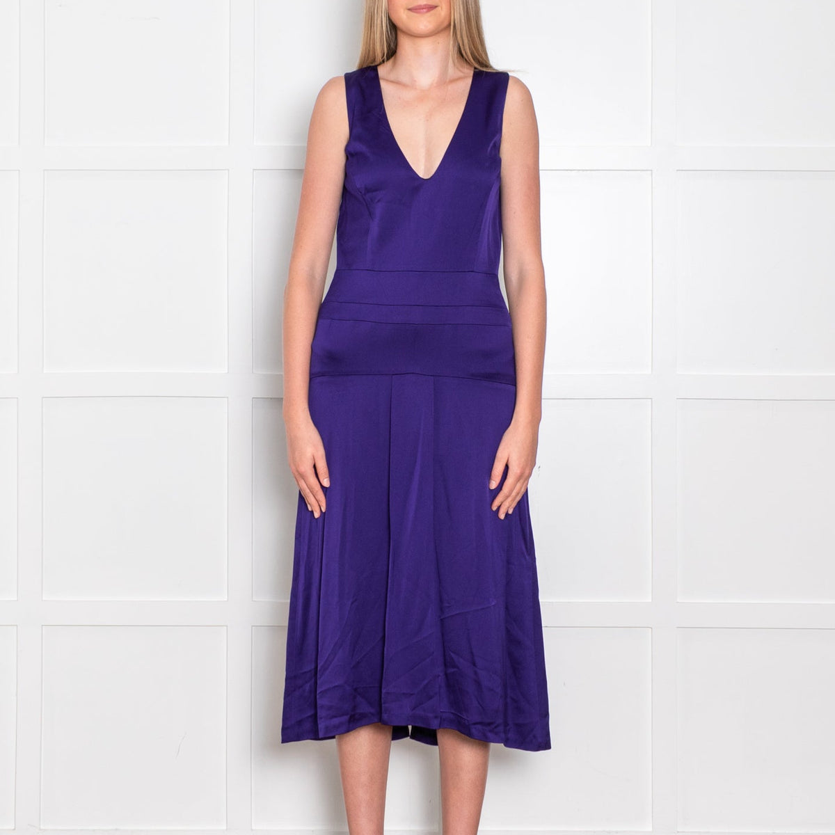 Victoria Beckham Purple Cobalt Satin V Neck Midi Dress