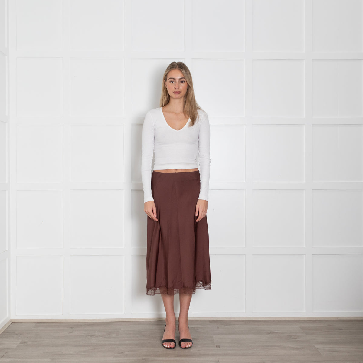 ba&sh Brown Slip Skirt With Lace Hem