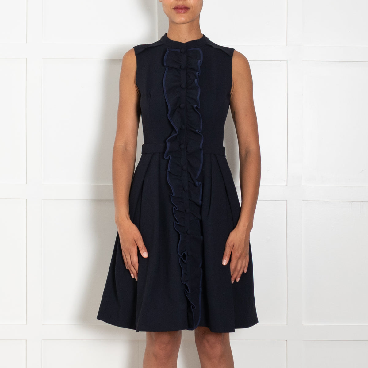 Machka Navy Blue Sleeveless Dress With Frill & Button Front