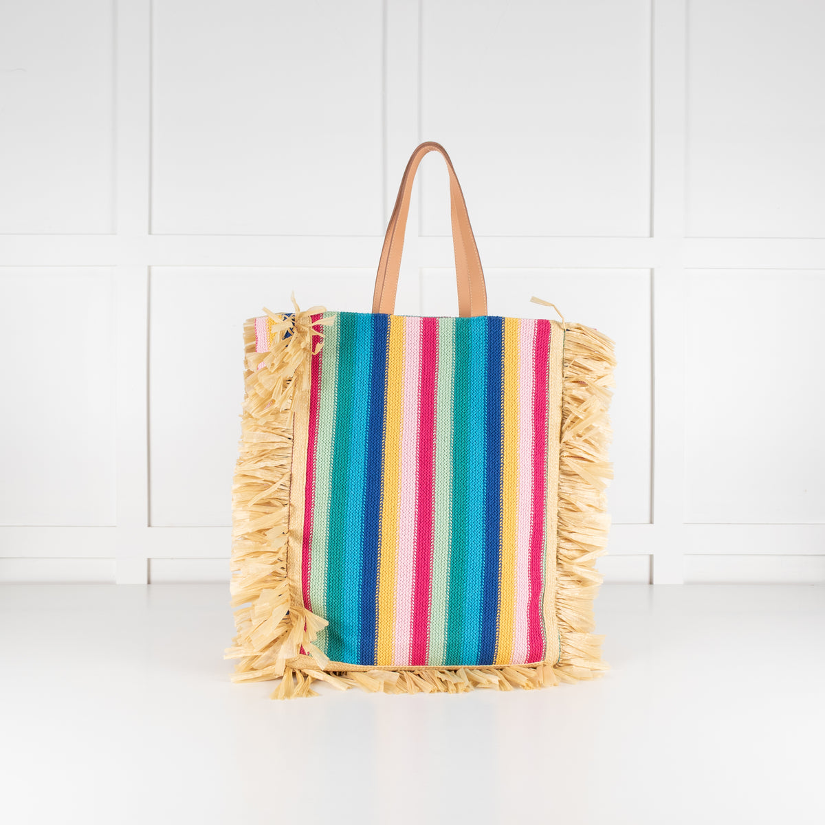 La Double J Vibrant Striped Crochet Knit Tote With Raffia Fringe Trim