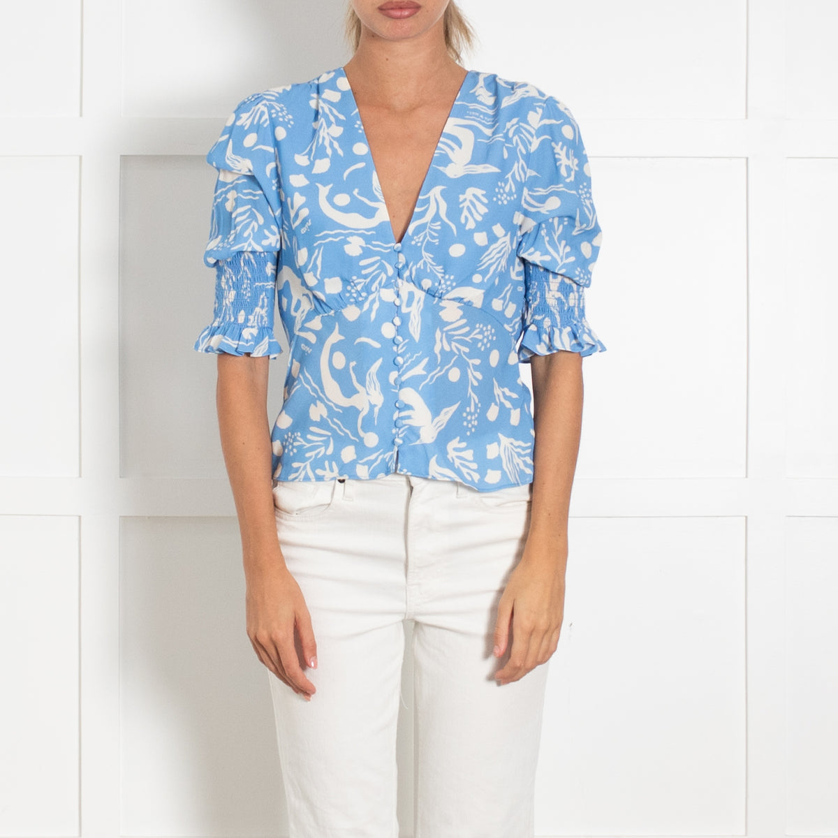 Rixo Blue Cream Siren Print Short Sleeve Top