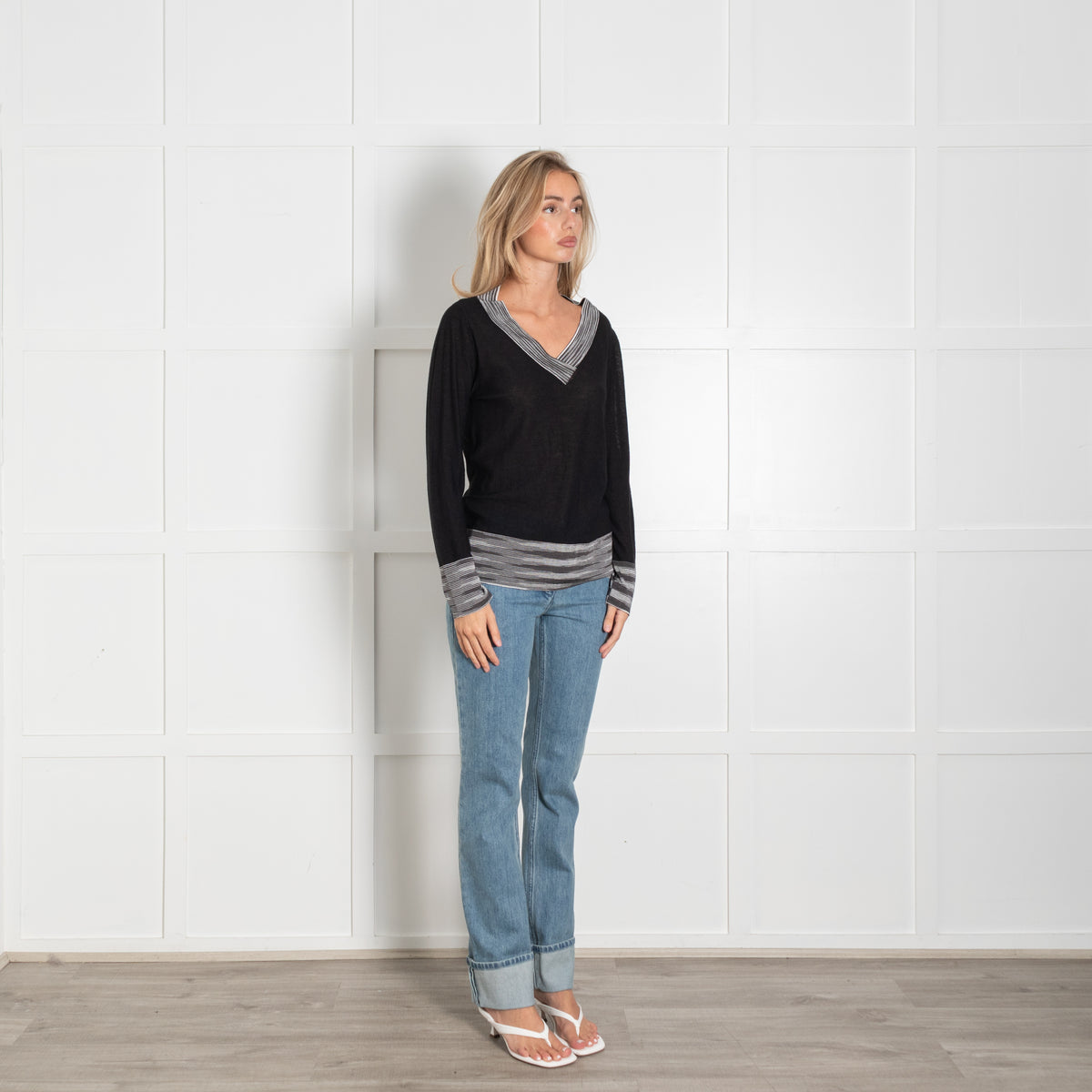 Missoni Sport Black White Trim Fine Knit V-Neck Sweater