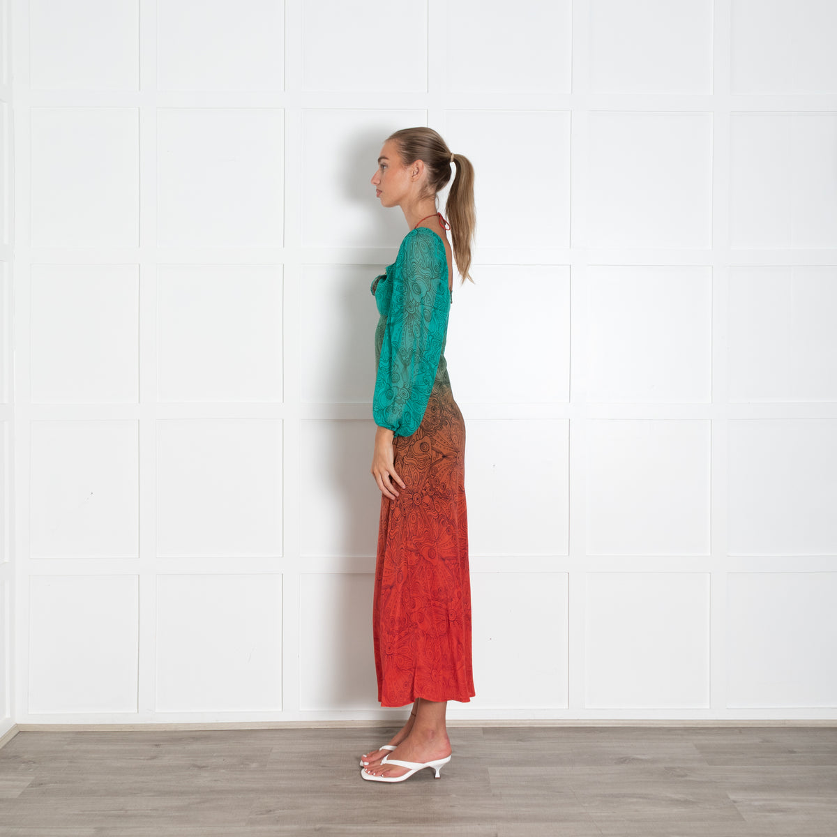 Rixo London Green Orange Butterfly Silk Midi Dress