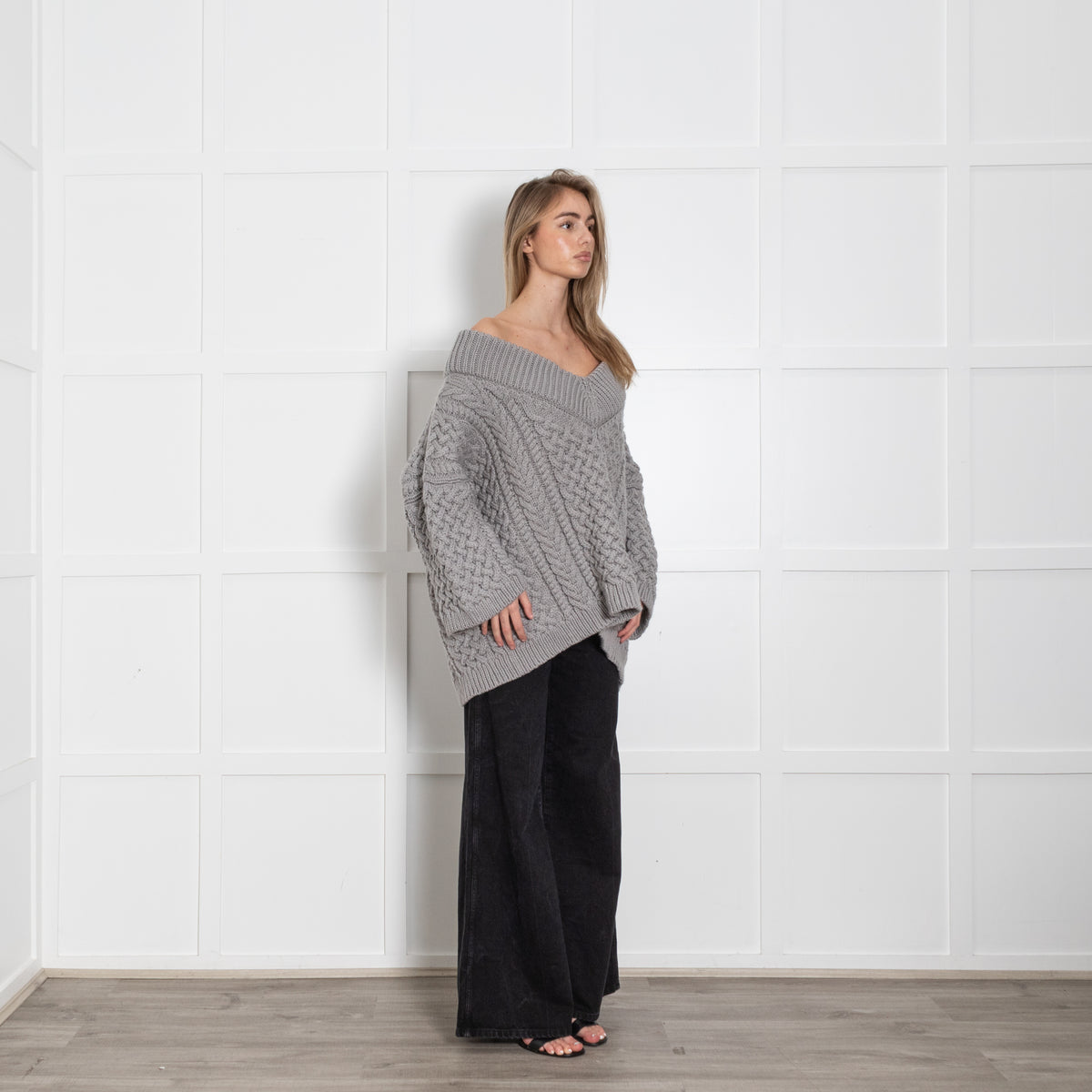 Mr Mittens Grey Honey V Neck Cable Knit Jumper