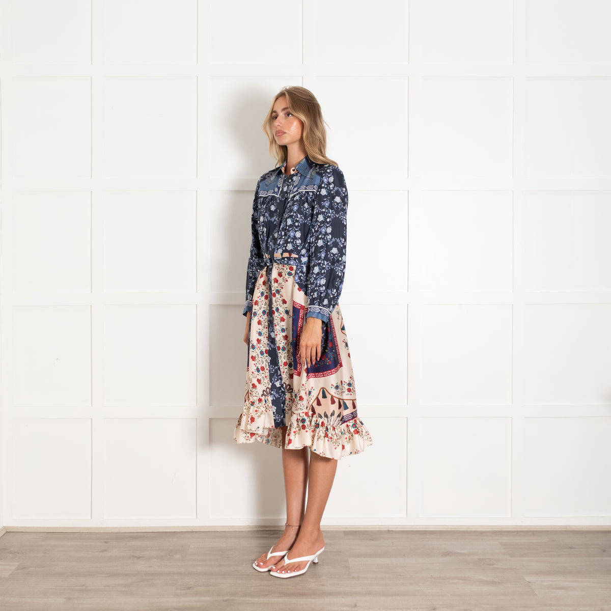 Sandro Navy Cream Red Floral Long Sleeve Belted Dress