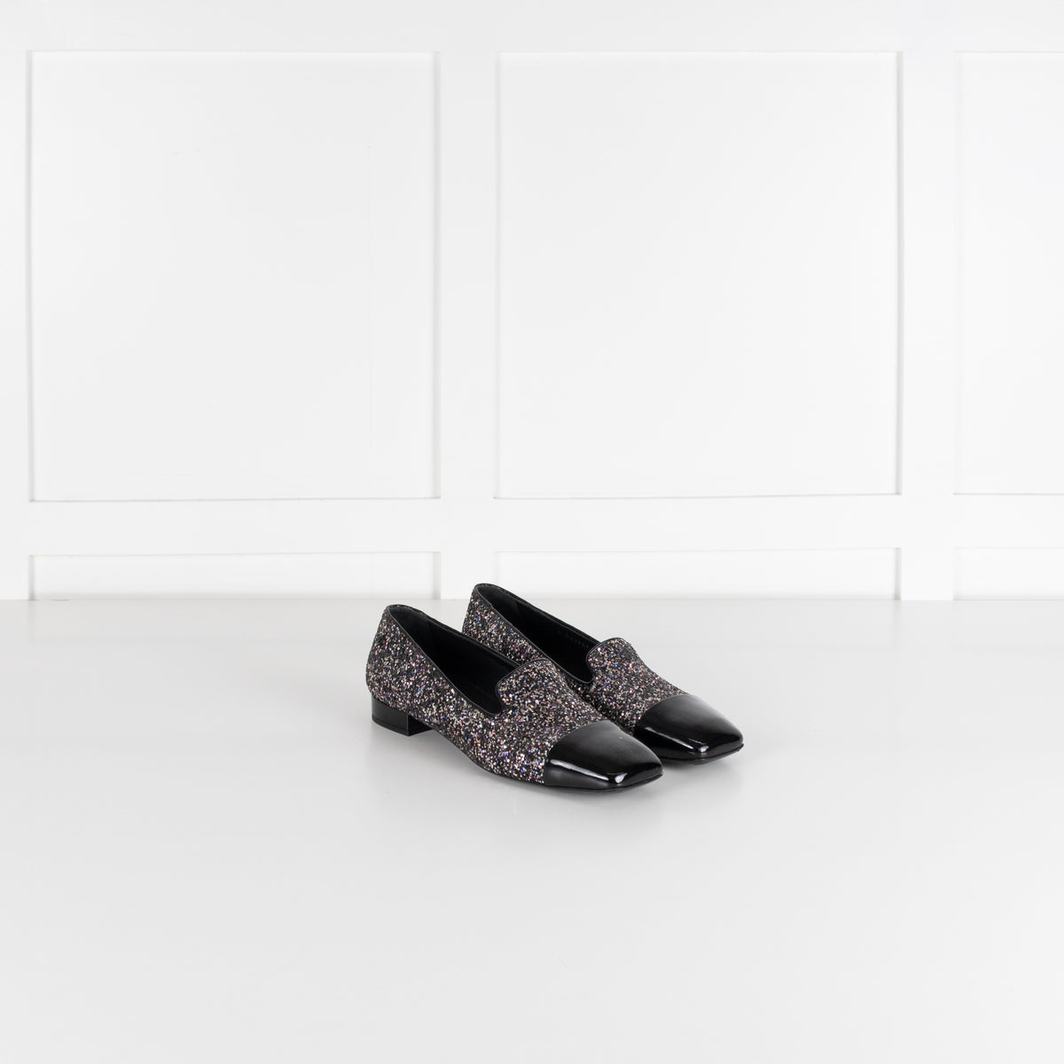 Chanel Black Glitter Cap Toe Loafers