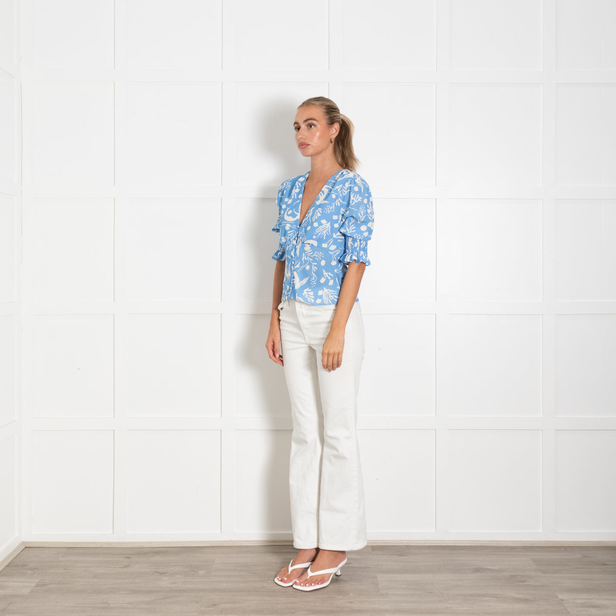 Rixo Blue Cream Siren Print Short Sleeve Top