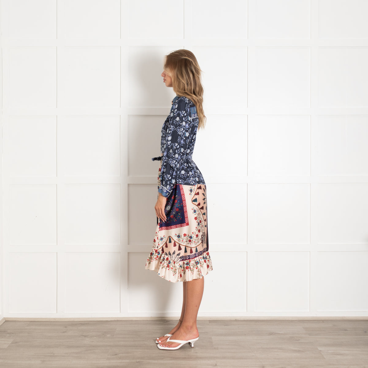 Sandro Navy Cream Red Floral Long Sleeve Belted Dress