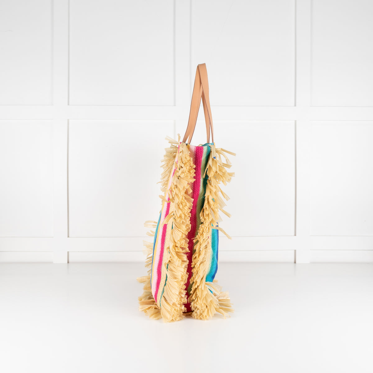 La Double J Vibrant Striped Crochet Knit Tote With Raffia Fringe Trim