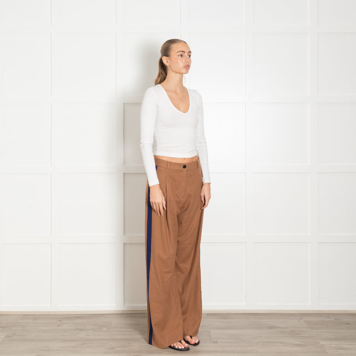 Me + Em Tan Trousers With Blue Side Stripe