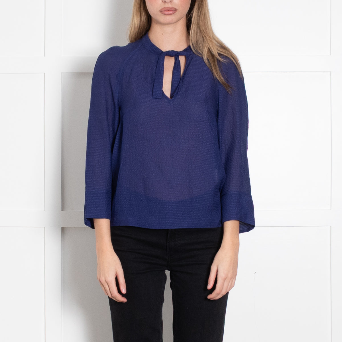 Maje Dark Blue Sheer Textured Tie Neck Top