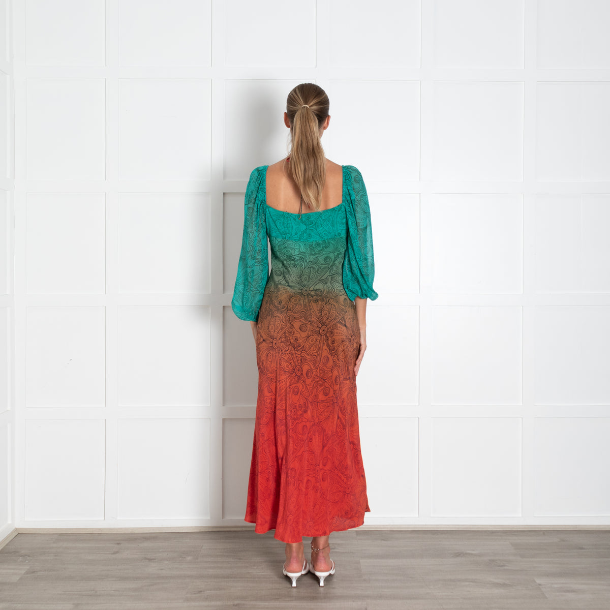 Rixo London Green Orange Butterfly Silk Midi Dress